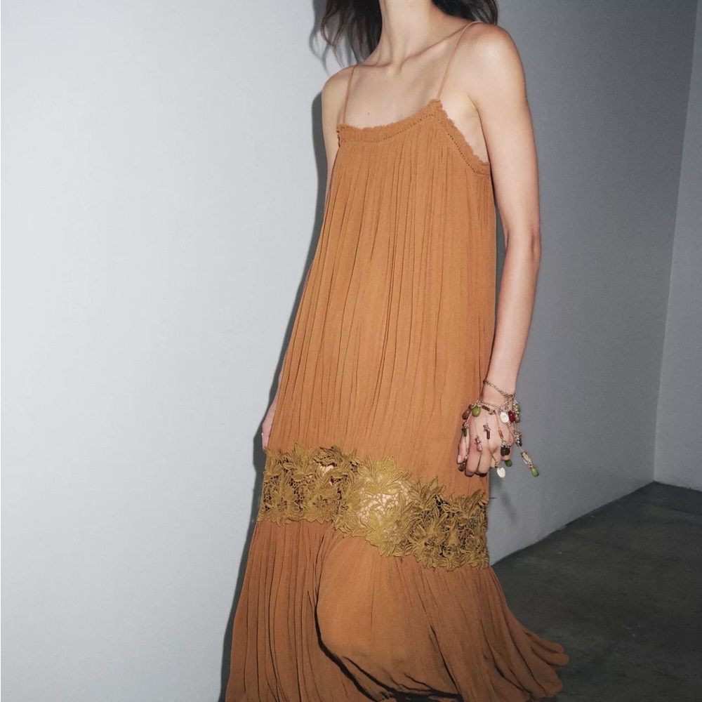 Zara Rust Brown Maxi Dress with Lace Trim